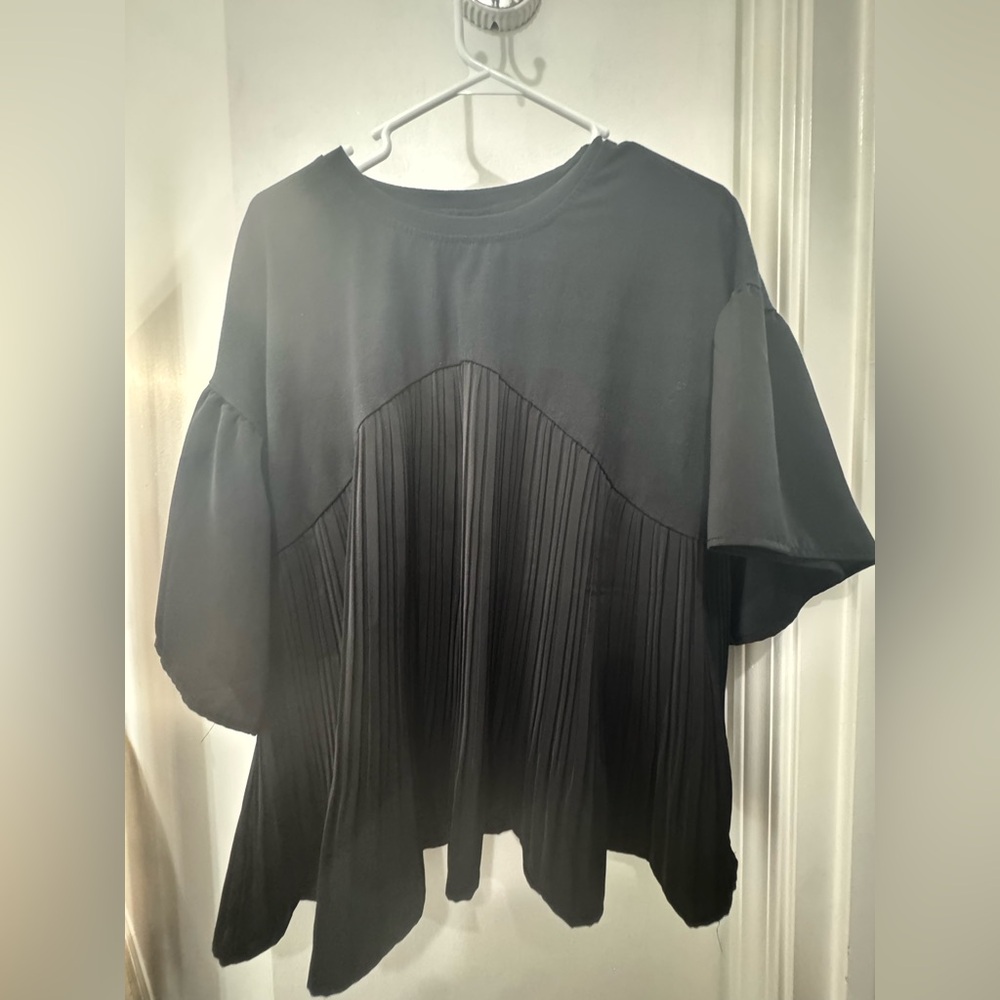 Black Boxy Blouse with Pleated Details